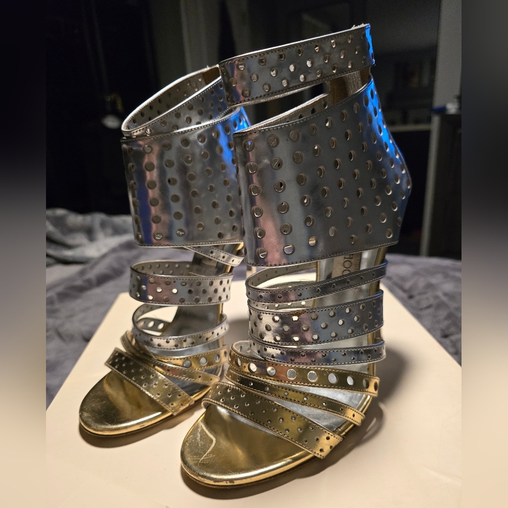 JIMMY CHOO Silver & Gold Metallic Ankle Caged Stilettos - Picture 6 of 14